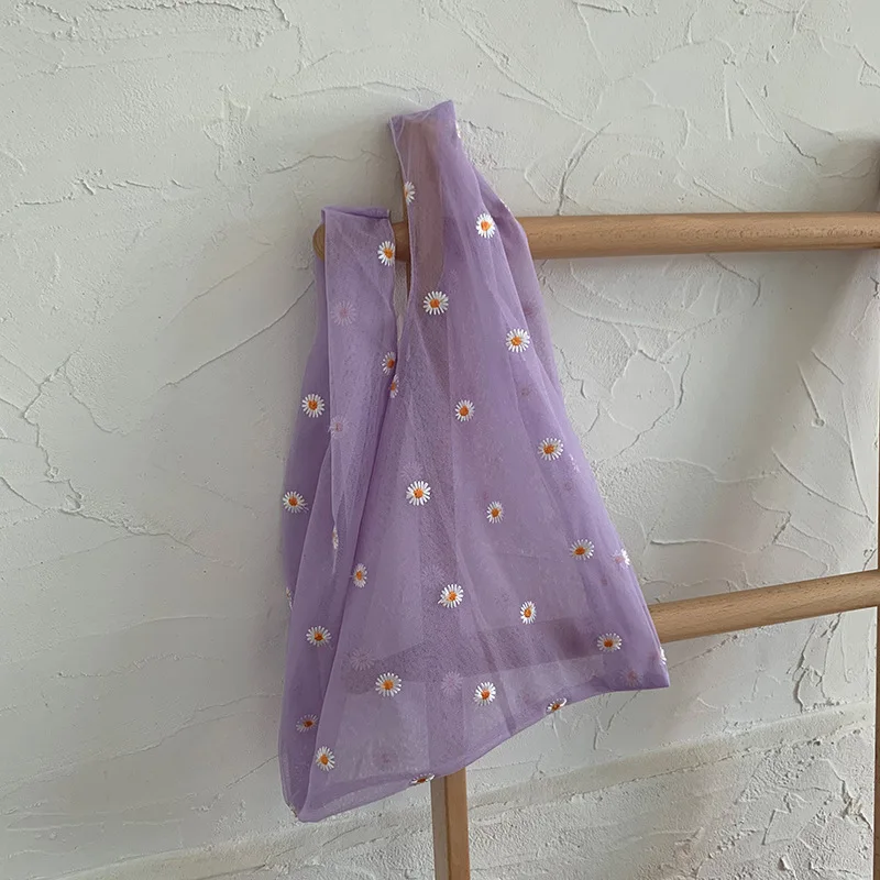 Маленькая сумка с вышивкой в виде ромашки, сумка большой емкости с вышивкой, сумка из органзы, милая сказочная сумка для покупок, продуктовая сумка