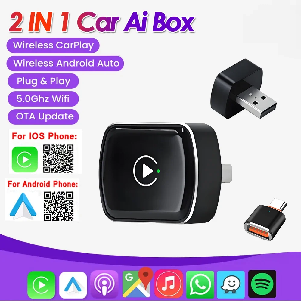 

2 в 1, проводная к беспроводному CarPlay Box и Android Auto Car Ai Box Plug и используется для Audi Mercedes Volvo Volkswagen OEM Carplay AA