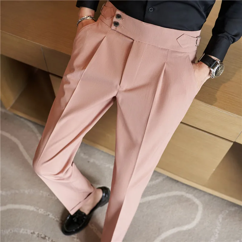 Pantalon décontracté de style britannique pour hommes, taille haute, conception de ceinture rose, FjFormal, bureau, social, robe de soirée de