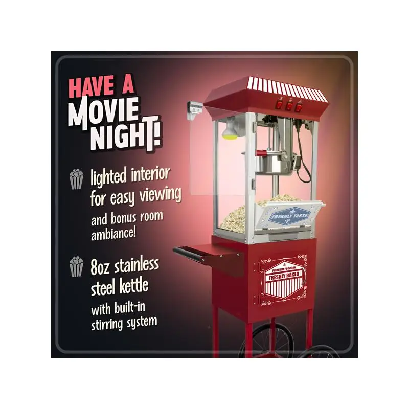 

Машина для попкорна в винтажном стиле на колесах с тележкой-чайником на 12 унций — идеально подходит для домашнего кинотеатра или вечеринок