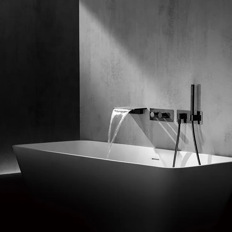 Matt Black High Quality Hotel Project Pure Brass Wall Mounted Bathtub Concealed Mixer with Waterfall