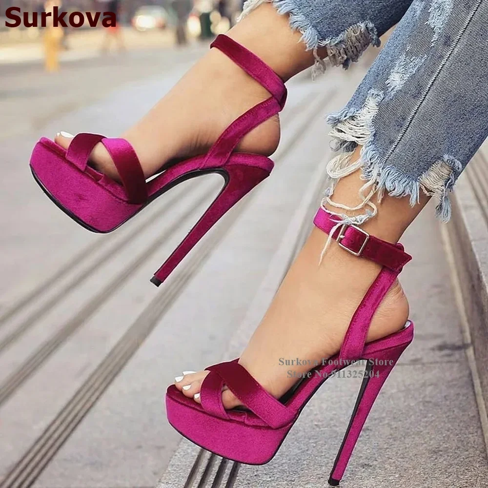 Surkova Magenta Velvet Platform Sandals Stiletto Heel Slingback Dress Shoes Cross Strap Luxury Wedding Pumps Size46