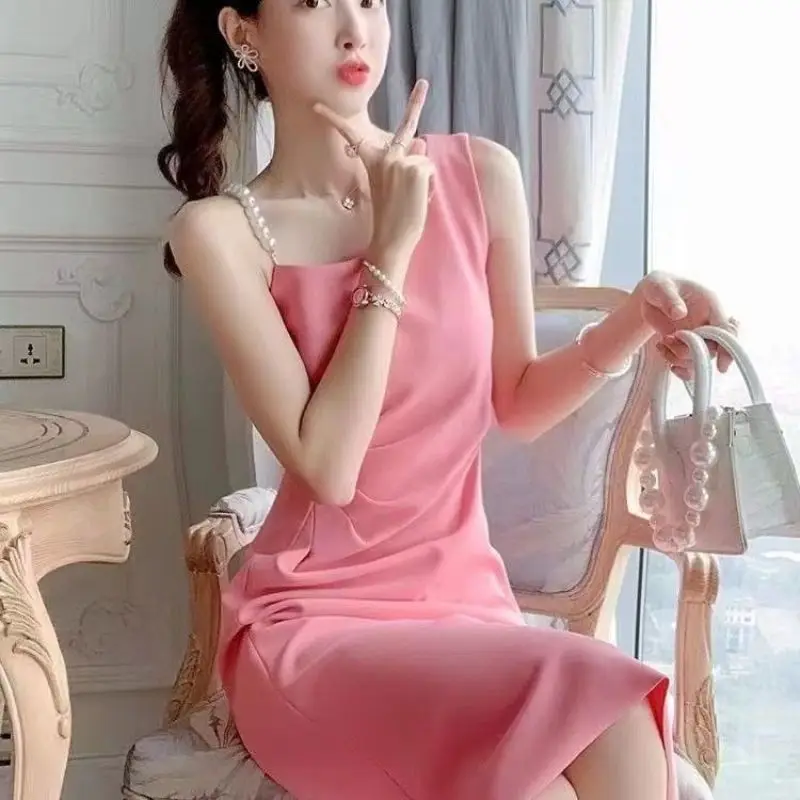 Women Summer Graceful Pearl Strap Diagonal Collar Midi Dress Korean Lady Sexy Slim Sleeveless Red Dresses 2024 Dinner Party Gown