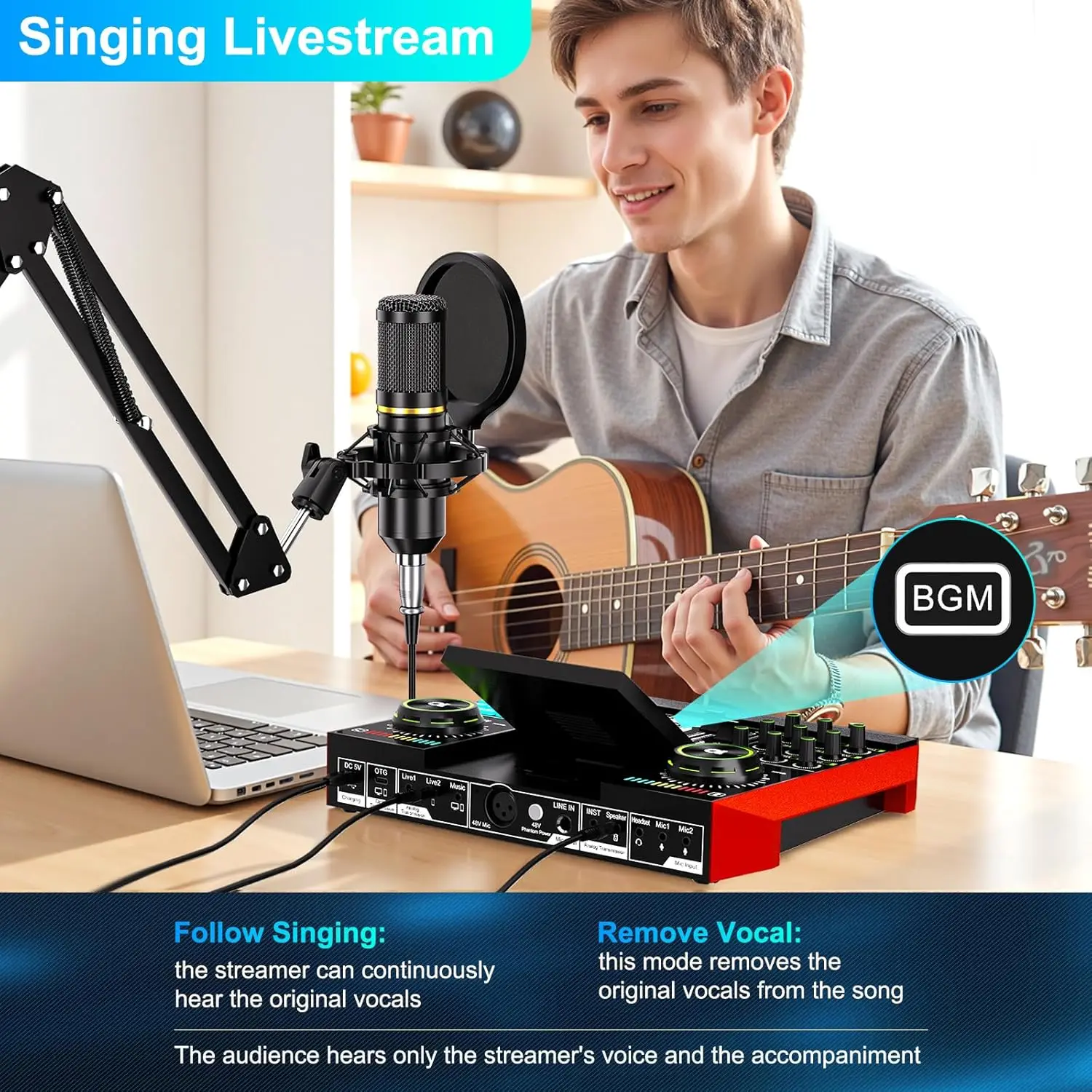 Tenlamp Sound Board for PC/Phone Podcast Recording, Voice Changer, Denoise,Reverb,Phantom Power，G10 Live Streaming Audio Interface Gaming Audio Mixer， Podcast Equipment with 3.5mm Condenser Mic
