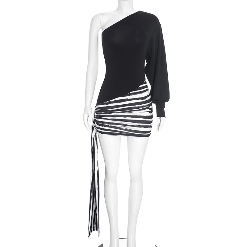 Sexy schulterfreies, einärmeliges, gestreiftes, bedrucktes, schmales, kurzes Kleid mit Schleife – Detail 8