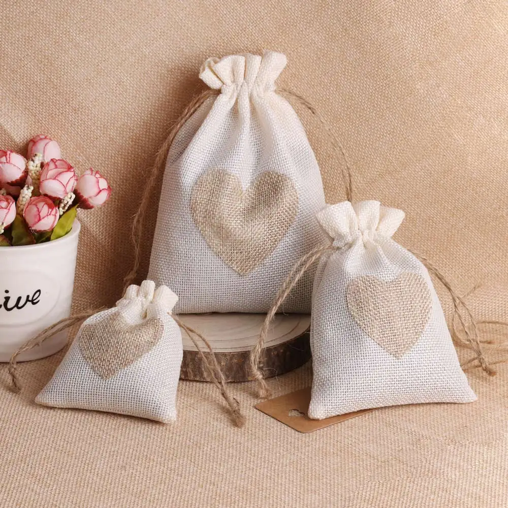 10pcs/lot Beige Heart Linen Drawstring Bag