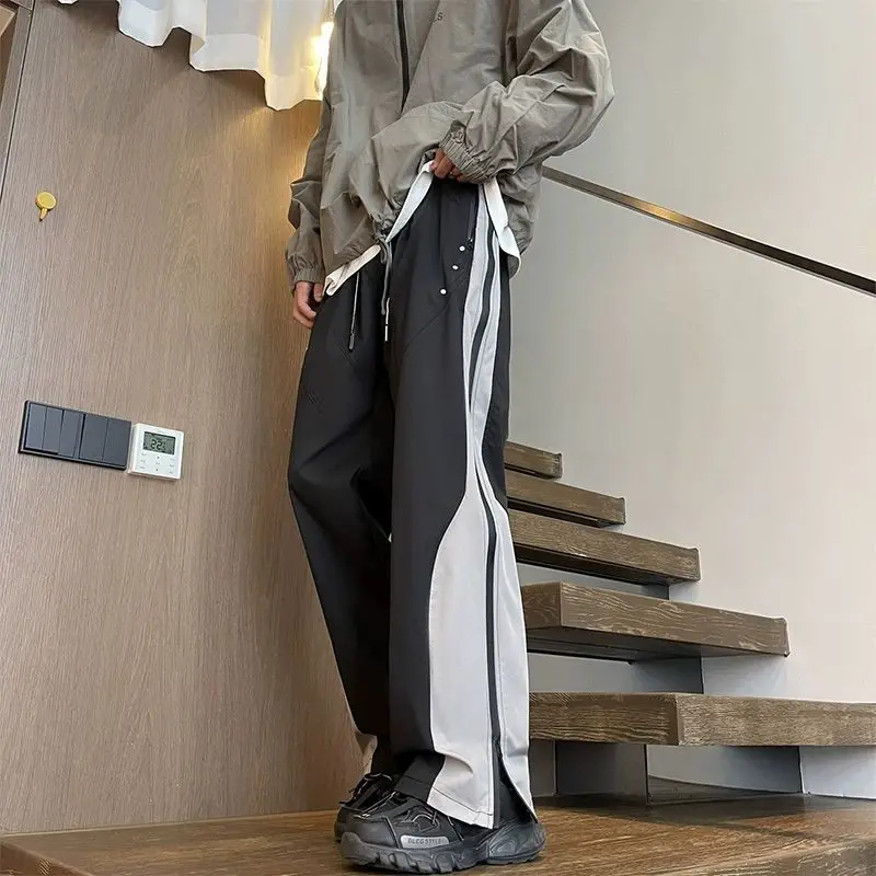 Side Stripe Pants Men Panelled Sporty All-match Full Length Straight Spring Autumn Minority Leisure Stylish Fitness Cozy Loose