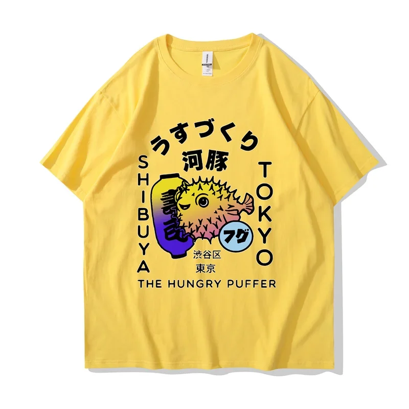 2024 일본 도요타키 푸퍼 피쉬 도쿄 푸드 그래픽 셔츠, 푸구 디자인 캄지 시부야 스트리트웨어 여성 티셔츠