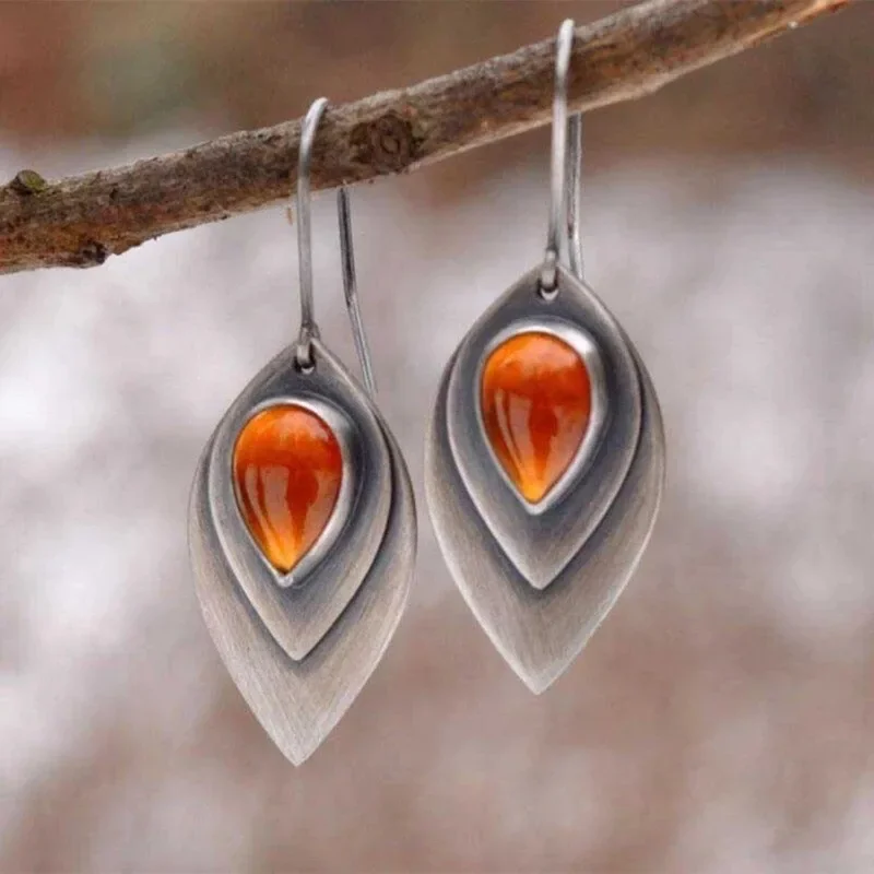 Ethnic Waterdrop Inlaid Orange Red Stone Earrings Vintage Silver Color Metal Carving Leaves Dangle Earrings for Women