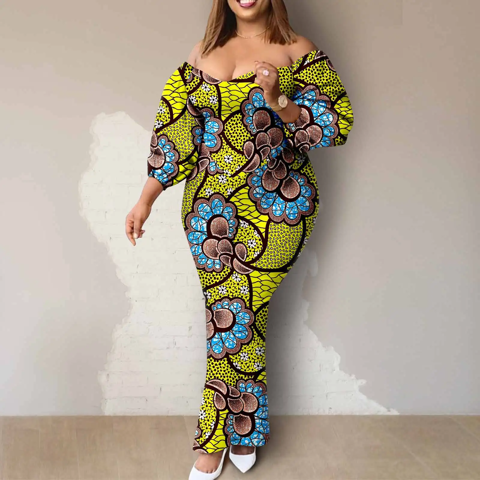 Afripride African Women Ankara Printed Fabric Dress Customized Loose Sexy Bubble Sleeve Dresses 2425027