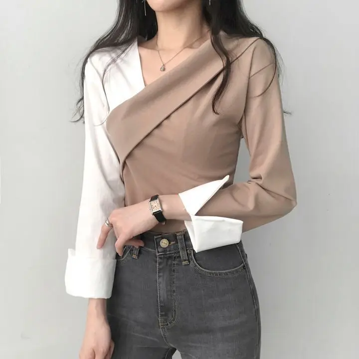 Korean Women Blouse Autumn Patchwork Off-the-shoulder Top Gentle Female Fairycore V-neck All-Match Long Sleeve