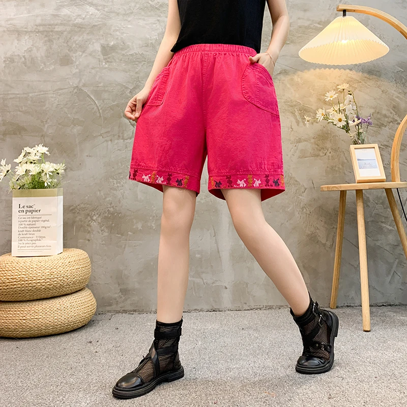 Plus size Commute Summer Thin Cotton Elastic Pants Women\'s Solid Spliced Pockets Epaulet Loose Straight Casual High Waist Shorts