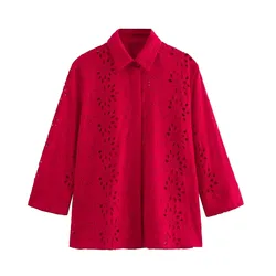 Women Casual Shirt Top Embroidery Hollow Single Breasted Lapel Long Sleeve Curved Hem Loose Shirt Top