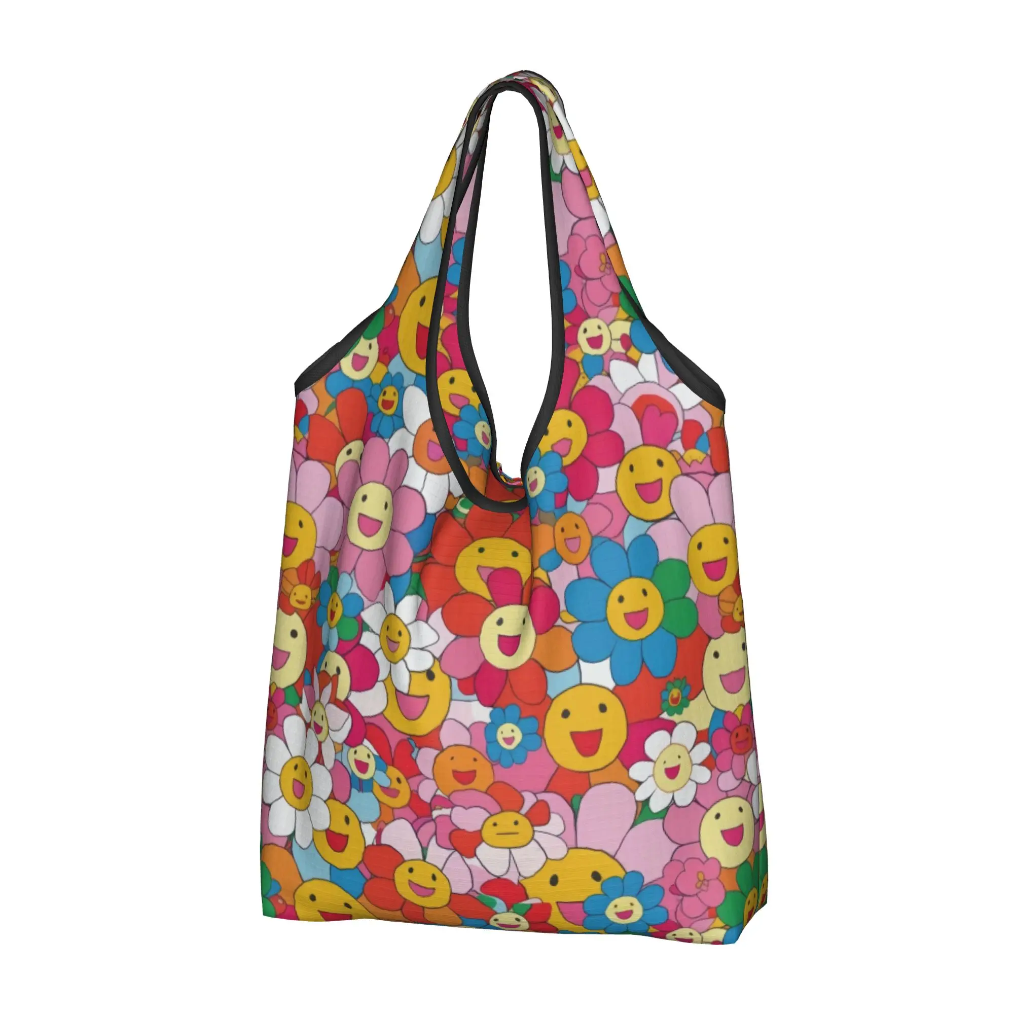 Large Happy Face Daisies   Grocery Shopping Bag Cute Shopper Shoulder Tote Bags Large Capacity  Rainbow Flower Parade  Handbag