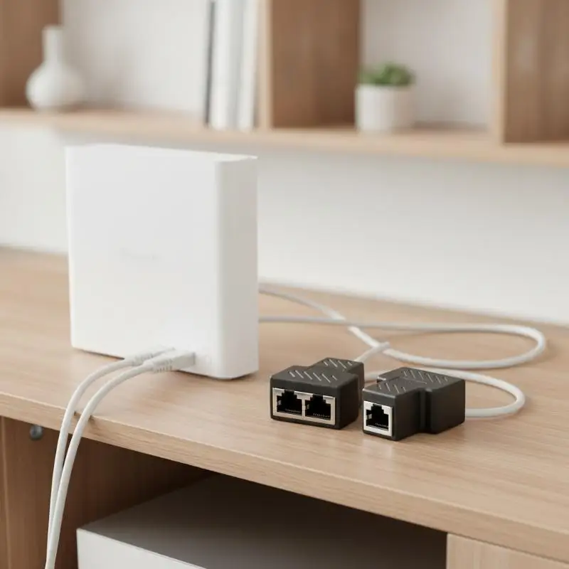 Splitter Adapter, 1 to 2 Way Ethernet Network Splitter, Dual Socket Extender Connector for Cat5 Cat5e Cat6 Cat7 Network Cable