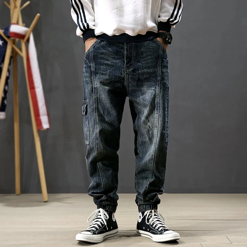 Street Fashion Men Jeans Retro Blue Printed Designer Big Pocket Casual Cargo Pants Hombre Hip Hop Joggers Men Loose Ripped Jeans