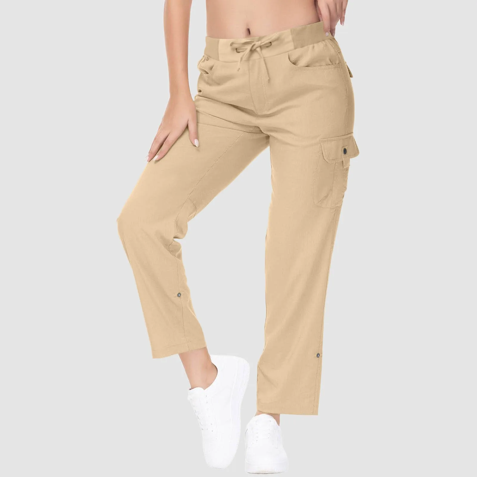 

Women New Cargo Pants Solid Color Casual Elastic Waist Capri Pants Fashion Streetwear Sports Trousers Pockets Work Pant