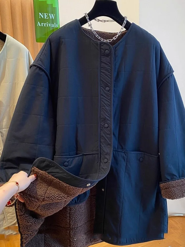 Korean Style Women's Thickened Lamb Fur Lined Cotton Jacket Mid-Length Quilted Warm Windbreaker Coat Long Sleeve round Neck