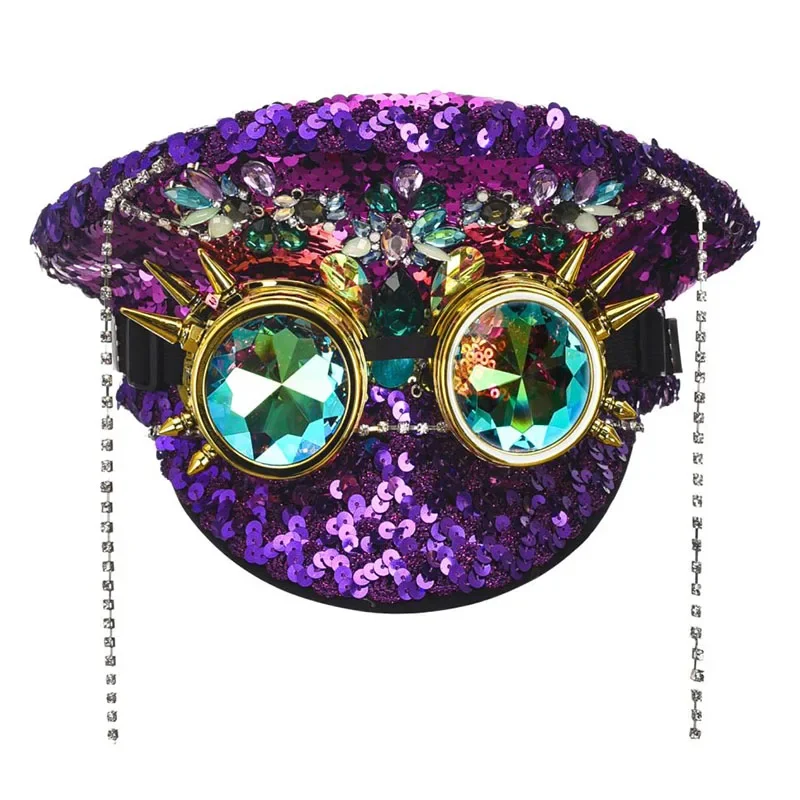 Women's Burning Man Sequin Hat Mucis Festival Military Captain Hats Steampunk Caps with Goggles