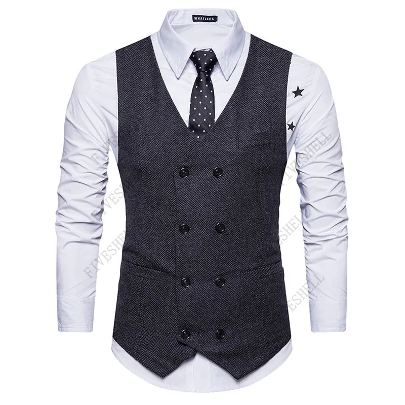 Mens Vest Slim Fit Sleeveless Wool Tweed Waistcoat Men Double Breasted Herringbone Tweed Vest Men Business Casual Gilet Men XXL