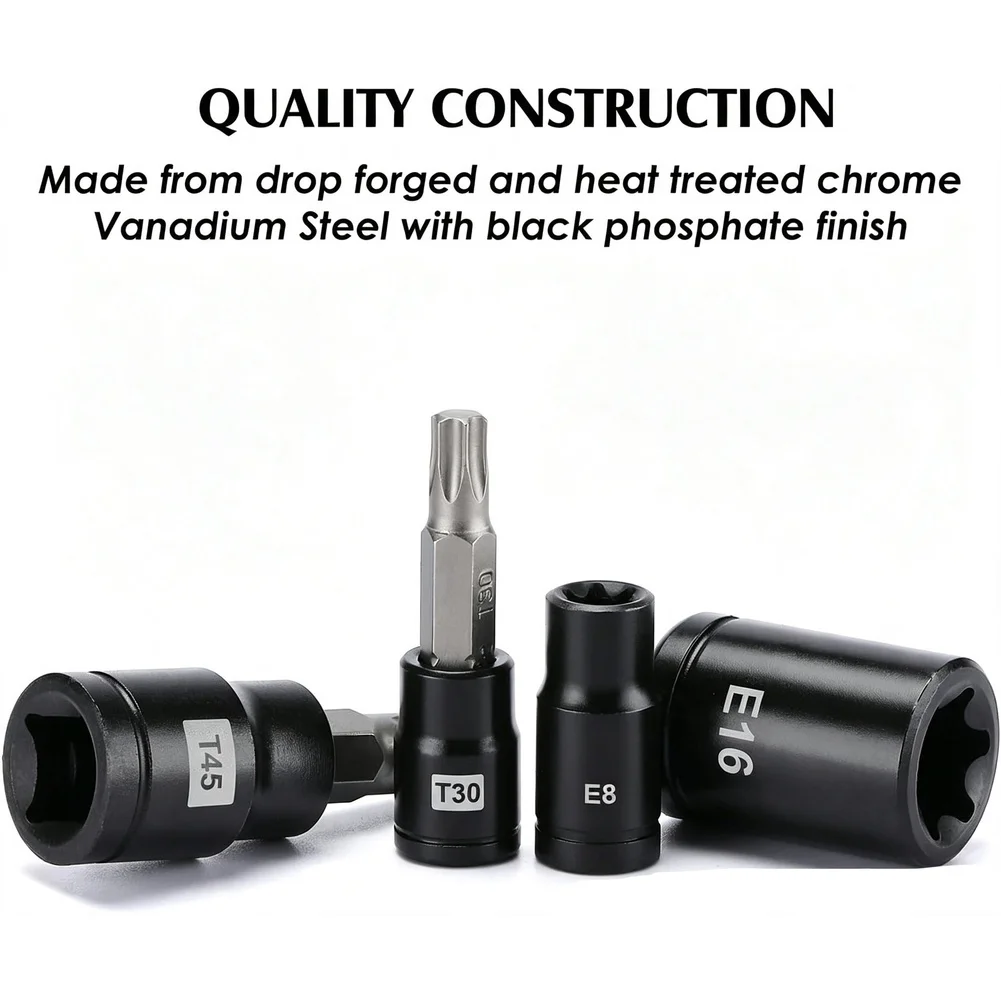 25PCS T8-T60 Bit And E-Socket Set Black Phosphate Chrome Vanadium Steel For 1/4 3/8 1/2 Drive Wrench Screwdriver