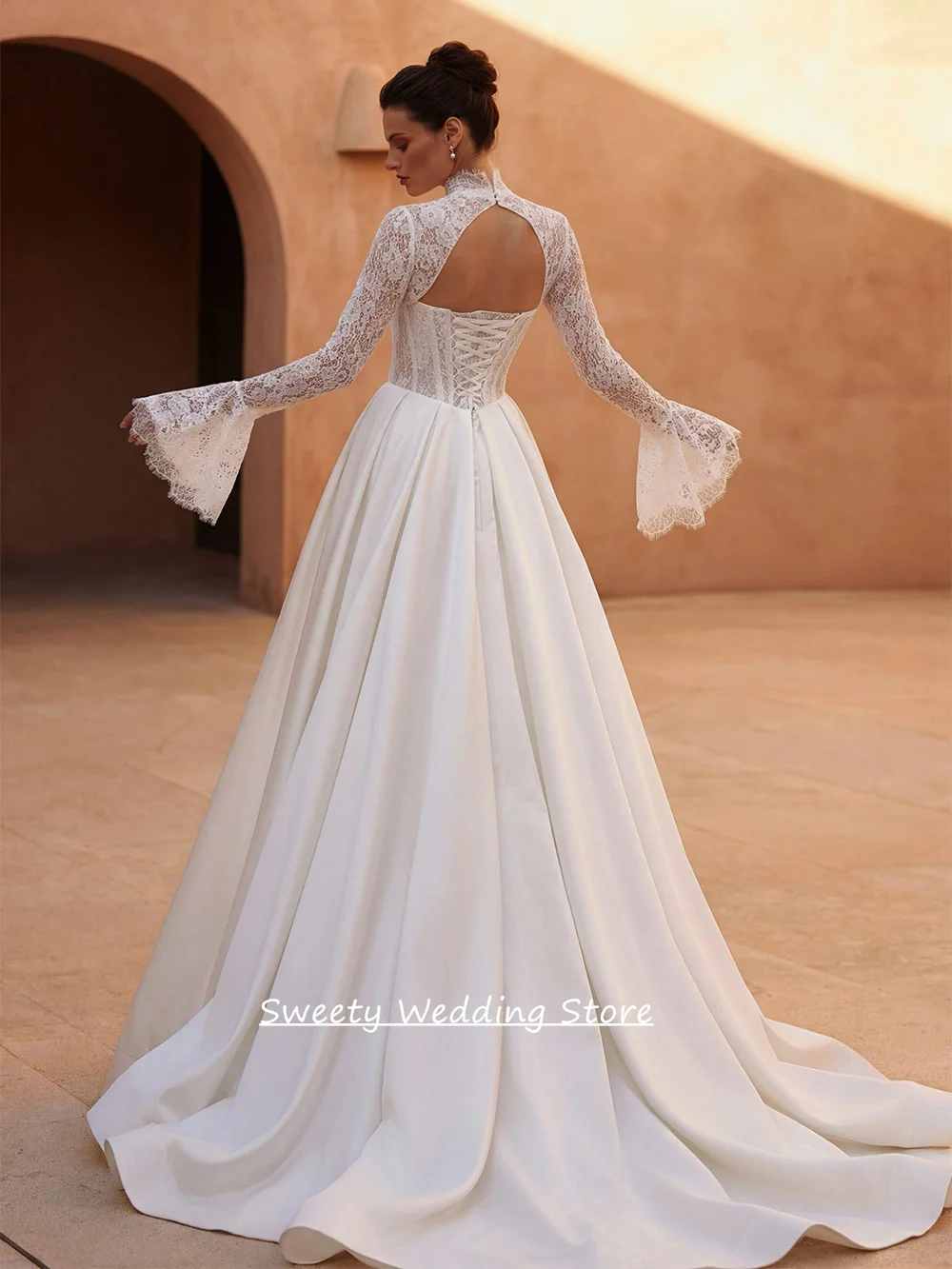 Corset Wedding Dress Lace Bridal Gown Customized Strapless Long Sleeves Bolero Sweep Train A Line Satin Bride Dresses