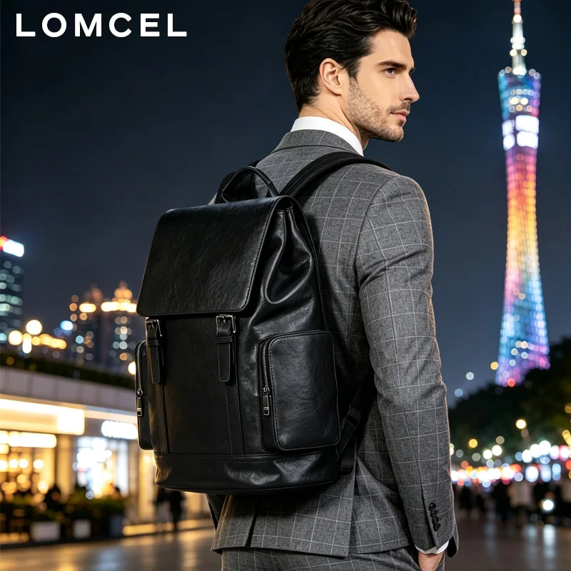 LOMCEL 34 Genuine leather backpack - simple commuter computer backpack  vegetable-tanned cowhide, large capacity with flip-top