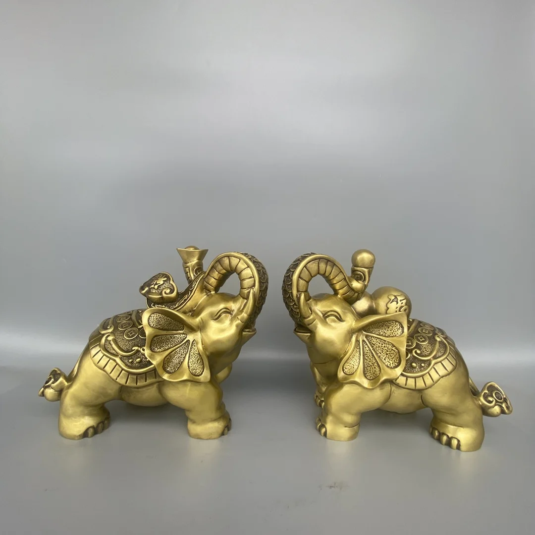 

10"Tibetan Temple Collection Old Brass Elephant Statue gourd Ruyi Elephant A Pair Amass wealth Ornaments Taiping Elephant