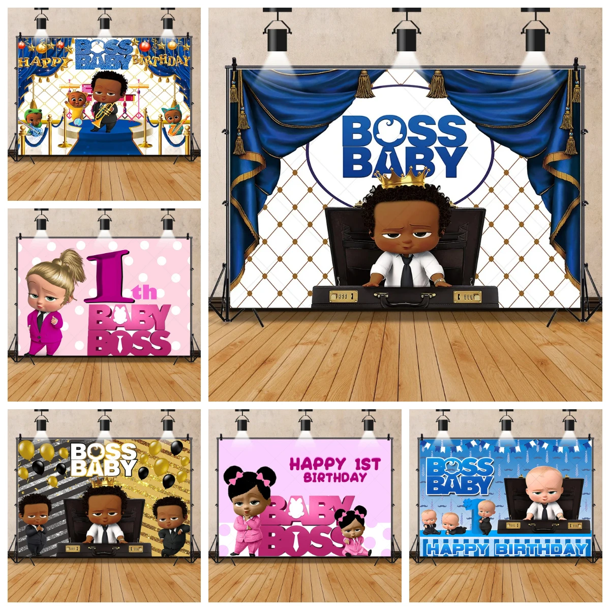Fond de photographie personnalisé avec nom, motif dessin animé bleu Baby Boss, pour baby shower, affiche, décoration de chambre pour nouveau-né ou enfant, toile de fond pour fête d'anniversaire