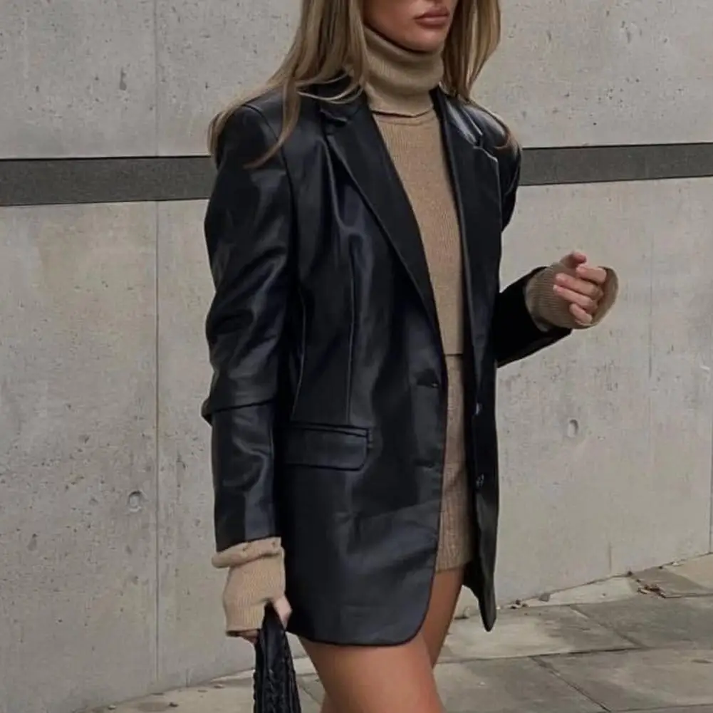 Solid Color Faux Leather Jacket Stylish Women's Faux Leather Suit Jacket for Spring Autumn Medium Length Coat with for Daily