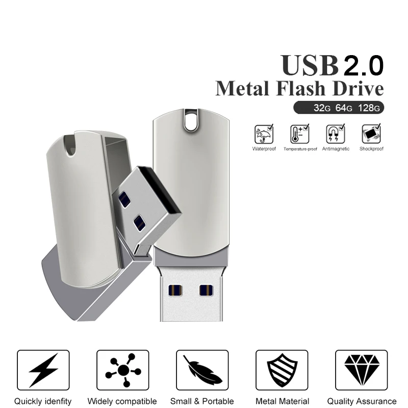 Silver Metal USB2.0 flash drive 64GB 128GB 32GB pendrive external storage Micro memory Stick U Disk