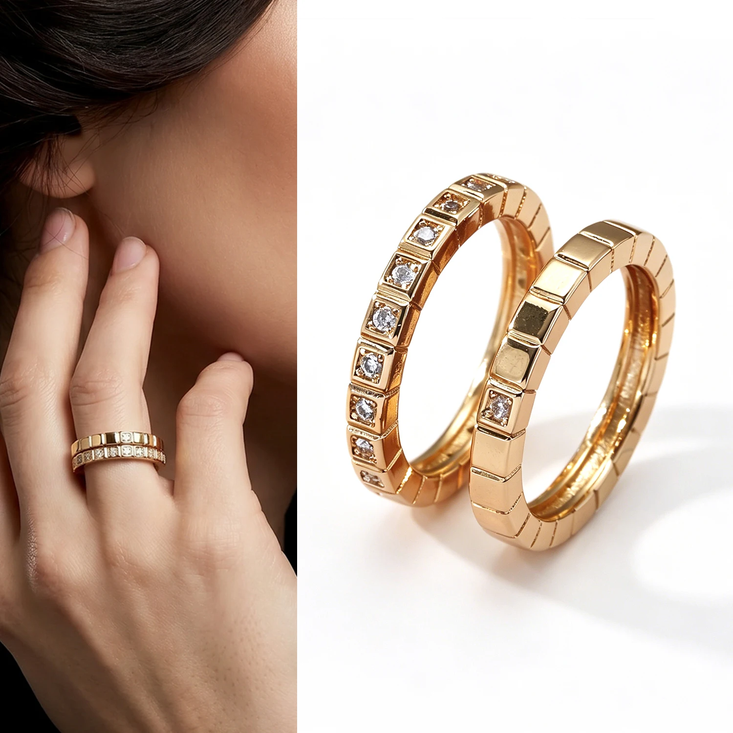 Women Sparkling Double Band Rhinestone Stacked Ring Set Stackable Statement Finger Rings Fashion Jewelry For Banquet Formal Occa