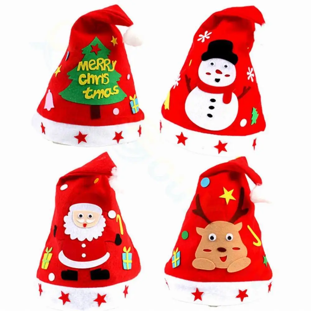 DIY Handmade Christmas Hat Non-woven Fabric Santa Claus Snowman Xmas Cap Toys for Kindergarten Children New Year Gifts