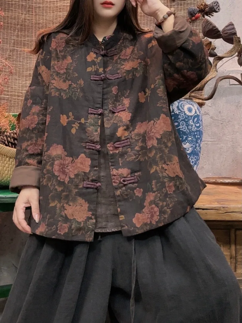 

Autumn Winter New Sle Chinese Embroidered Cotton Jaet Long Sve Stand Collar Single Button Middle Aged And ly Wome...