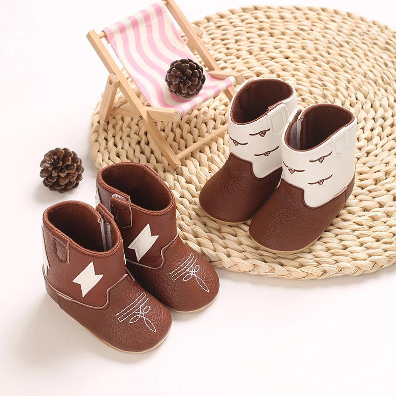 

Unisex Baby Western Cowboy Boots Embroidery Color Block Soft Non Slip Sole Infant Newborn Country Crib First Walkers Shoes 0-18M