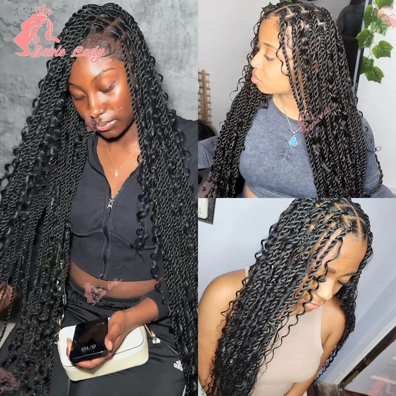 Boho Passion Twists Synthetic Braided Wigs For Black Women Knotless Box Braiding Hair Wig Full Lace African Braids Curly Wigs