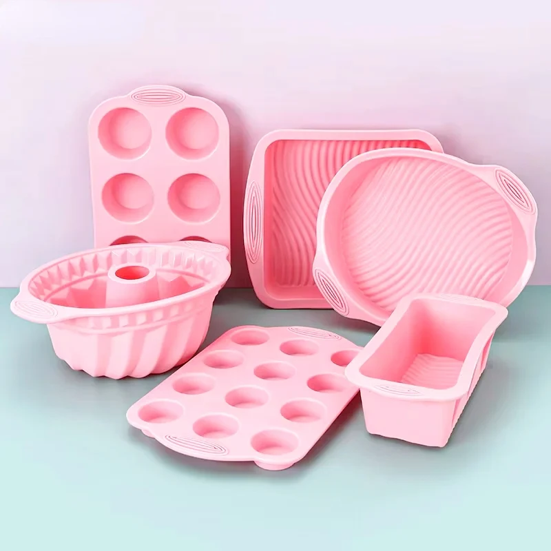 

Pink Nonstick Silicone Bakeware Set, Cake Pan, Pastry, Muffin, Cupcake, Bread Molds, Baking Tools