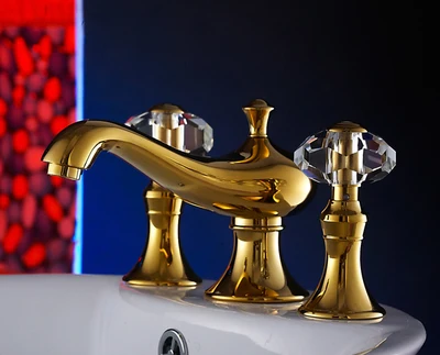 Luxury Bathroom Basin Gold Faucet 8 incBrass WitDiamond / Crystal Tap Dual Dle Undermount Hot Cold Golden Tap