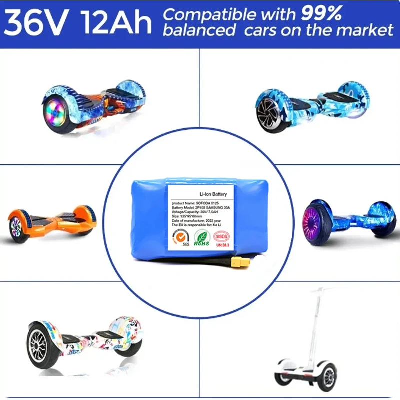 High-quality Battery 36V 12Ah 10s2p Rechargeable Lithium-ion Battery for Electric Self-balancing Scooter,HoverBoard and Unicycle