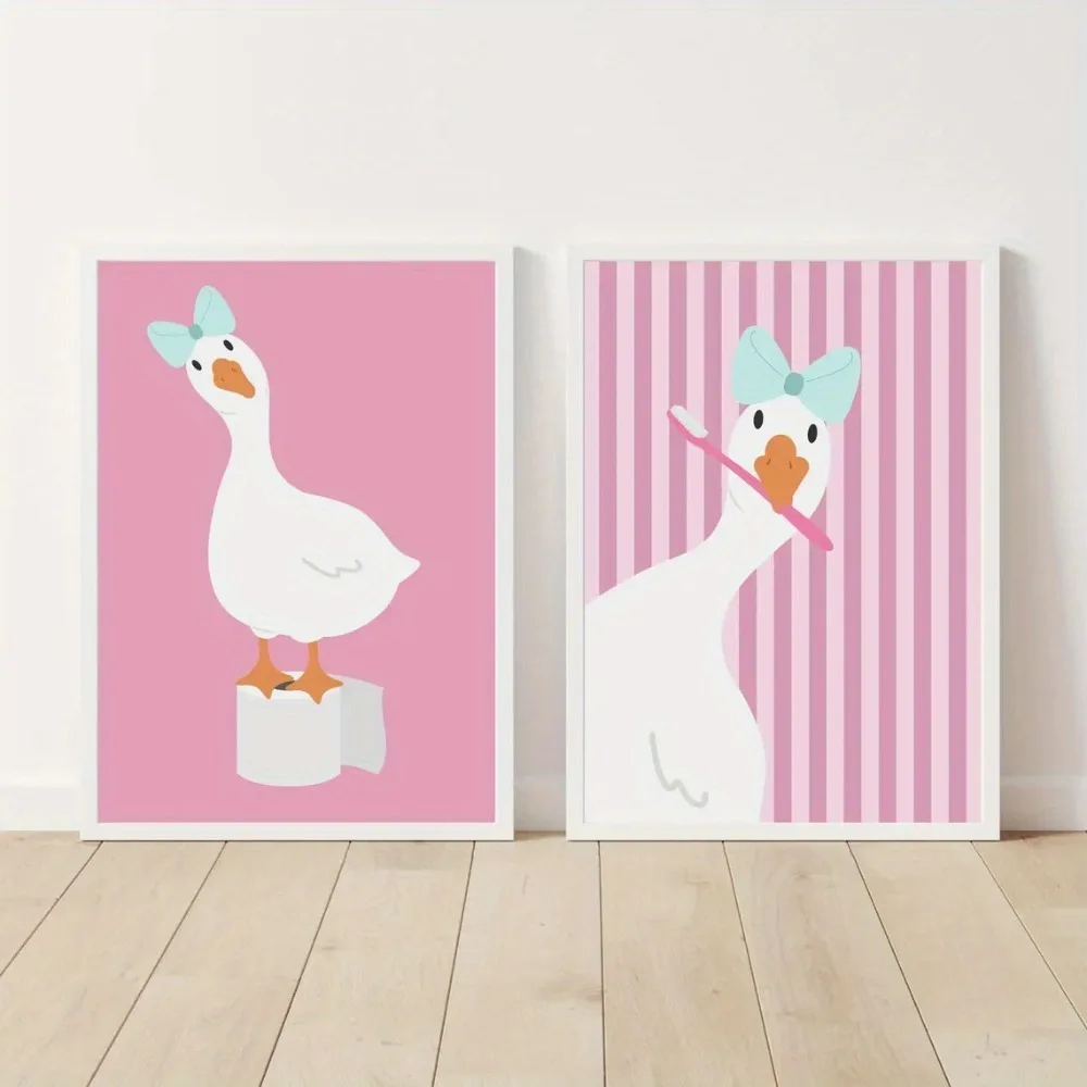 2pcs Frameless,Funny Pink Washing Duck Print,Cute Girly Paper Roll Toothbrush Canvas Painting,Decoration of Bathroom and Toilet