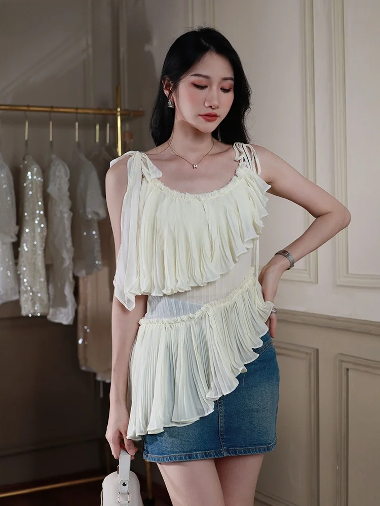 

Asymmetric Pleated Lace Trim Belted Women's irt Slant Design Summer New Sexy Sweet And Spicy Strap Top Korean Sle Lo...