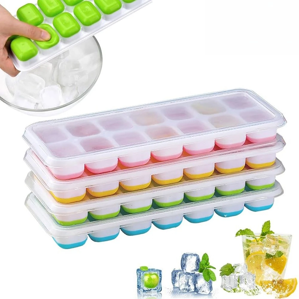 Kit com 14 Formas de Silicone para Gelo com Tampa Reutilizável, Fundo Retangular, para Cozinha Moderna