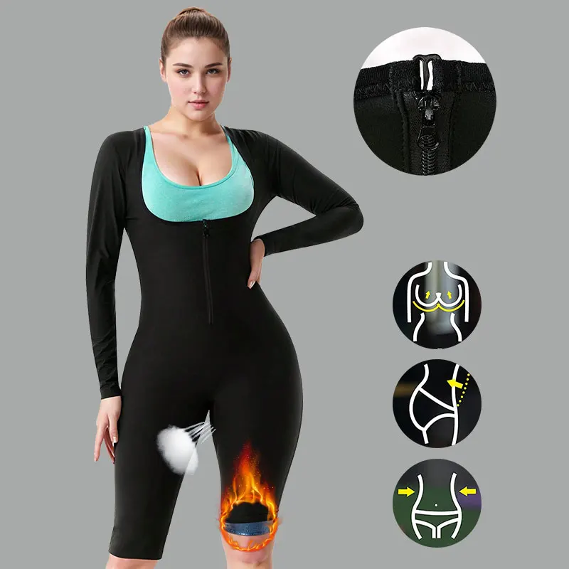 Women's 3-In-1 One piece Long Sleeved Shorts Full Body Sauna Sweat Suits for women Fat Workout Weight Loss Slimming Jumpsuits