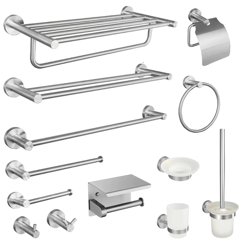 Brushed Nickel 304Stainless Steel Bathroom Accessories Towel Rack Towel Bar Hooks Towel Rack Paper Holder Toilet Brush Set