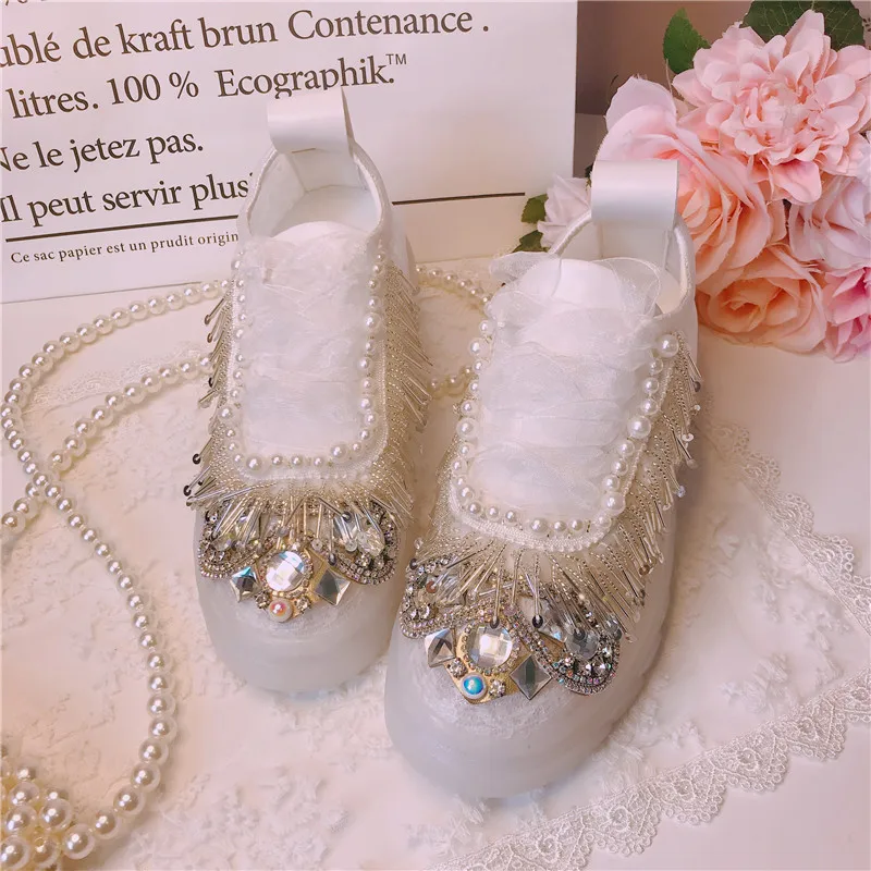 Women Sneakers New Transparent Lace Strap Crystal Rhinestone Pearls Tassel Platform Thick soled Ladies Causal Beautiful Shoes