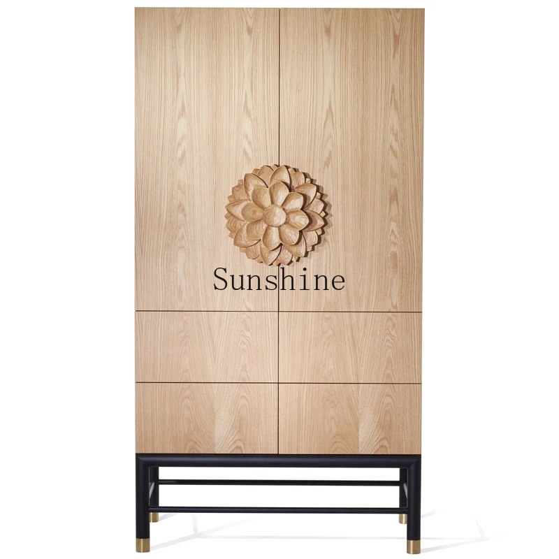 

Solid wood double door simple wardrobe carved high cabinet hand carved lotus