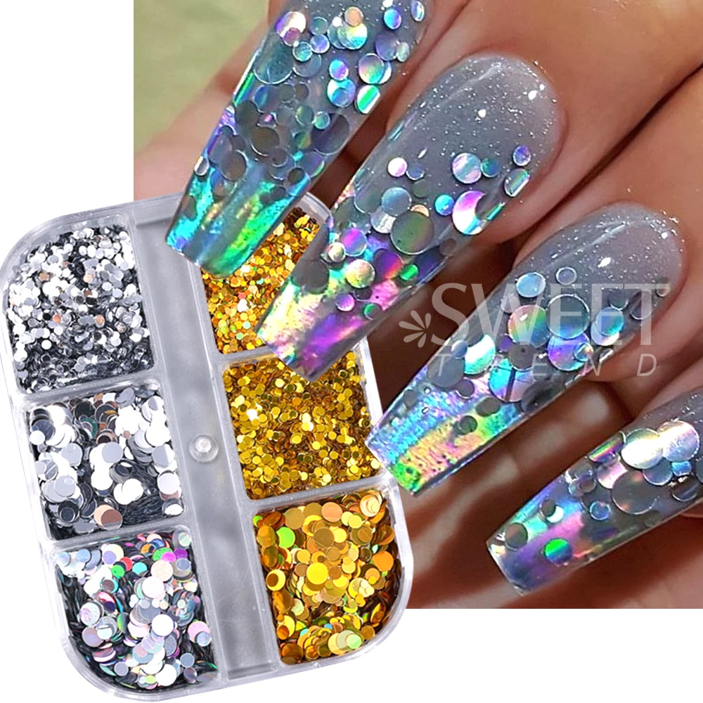 2 صناديق ندفة الثلج مسمار بريق الترتر المجسم الذهب الفضة Paillette رقائق مستديرة البولكا نقطة تصميم عيد الميلاد مانيكير ديكور