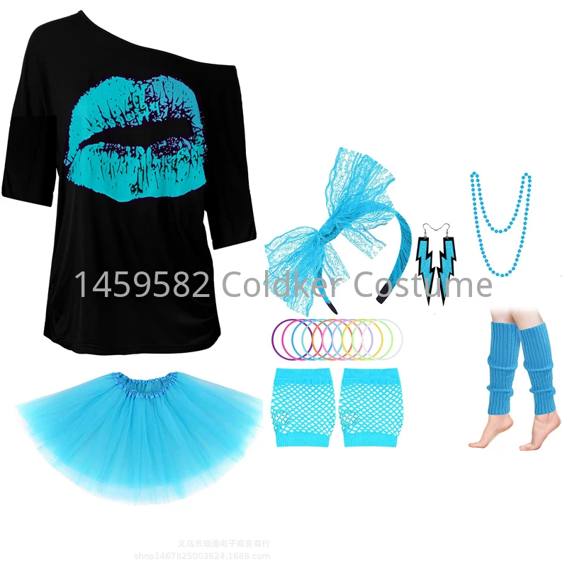 Girls 1980s Costume 80s Party Girl 80's T-shirt Soild Skirt Accessories Set