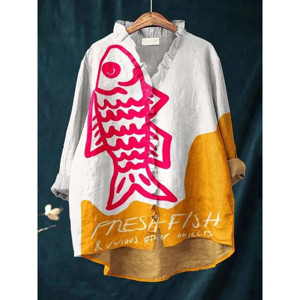 

Harajuku Style Fish Prnt Shirt with Classic Point Collar Bohemian Color Block Design Tops Bubble Crepe Loose Fit Casual Blouse