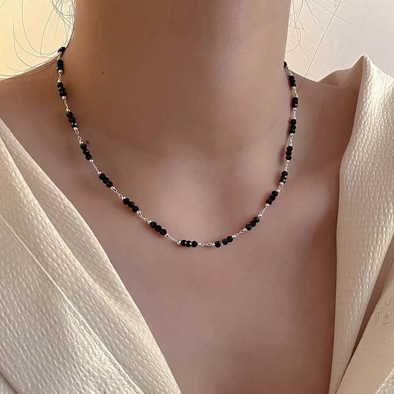 Vintage Black Crystal Glass Bead Chain Choker Necklace